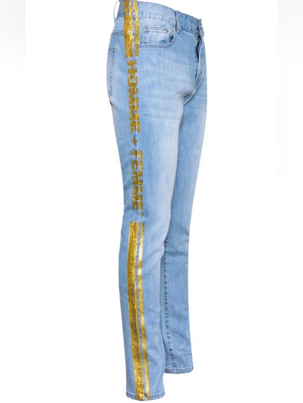 HOMME + FEMME Denim wear Light Wash Jeans with Gold Glitter Side Stripe